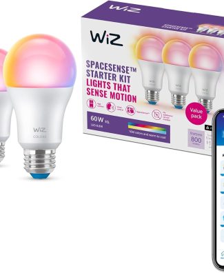 WiZ Connected Smart Light Bulbs, Sunset to Sunrise Automation + Motion Detection + Control with Voice or App, Full Color A19 60W 800LM Indoor, Matter Compatible -3 Pack